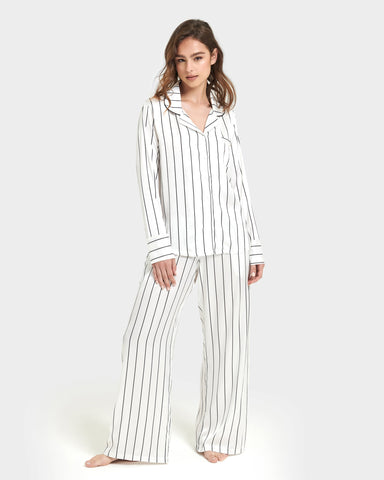 Beau luxuriöses langes Pyjama Set aus Satin Weiss/Schwarz