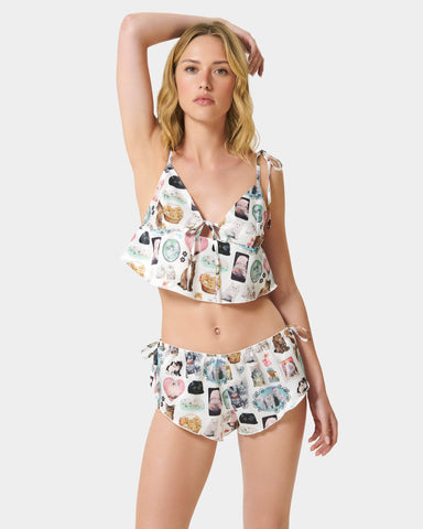 BB x Ashley Williams Luxus-Satin-Set aus Crop-Camisole und Shorts mit Kätzchen-Print