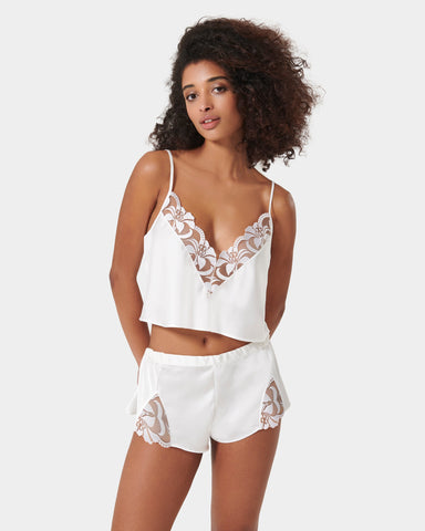 Leonora Luxus-Satin-Cami- und Short-Set in Weiß/Transparent