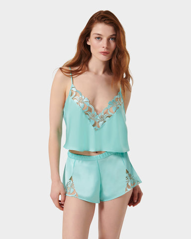 Leonora Luxus Satin Camisole und Short Set Inselparadies Blau/Transparent