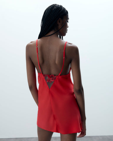 Lavanya Satin-Negligé mit Stickerei Rot